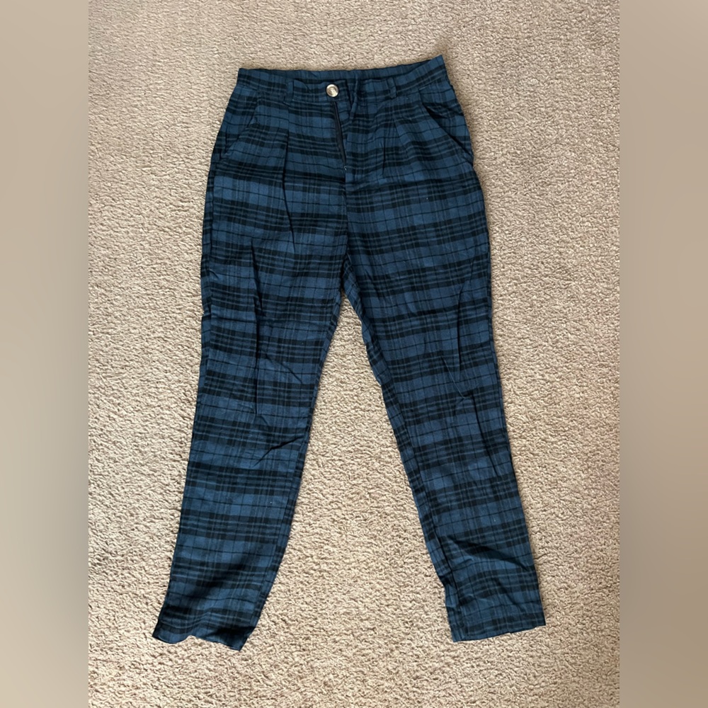 Blue and black plaid trousers